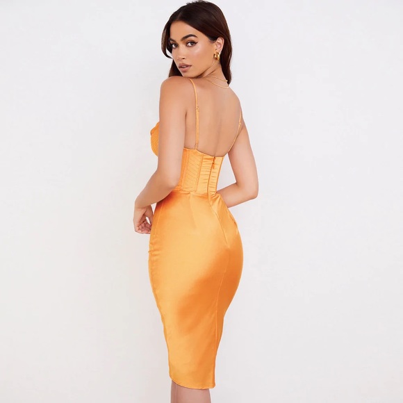 GLOSSY SATIN COWL NECK UNDERWIRE BUSTIER CORSET MIDI DRESS - BURNT ORANGE - Picture 4 of 4